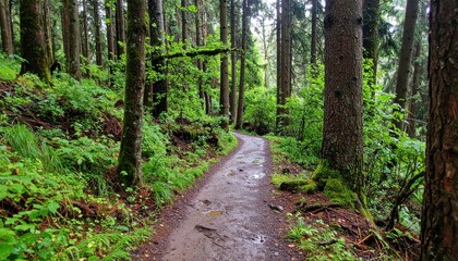 Fototapeta premium Serene Forest Trail Surrounded by Lush Greenery and Tall Trees