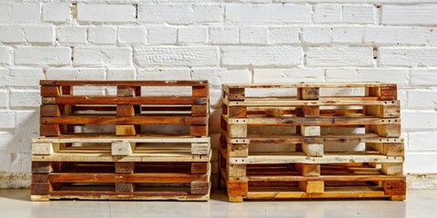 Two Stacked Wooden Pallets Against a White Brick Wall