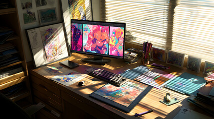 Creative Desk With Computer Showing Artwork in Sunlight Filled Room