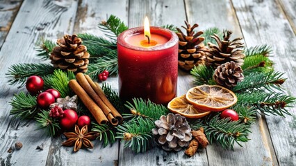 A Festive Christmas Wreath with a Glowing Candle, Pine Cones, Cinnamon Sticks, and Dried Oranges