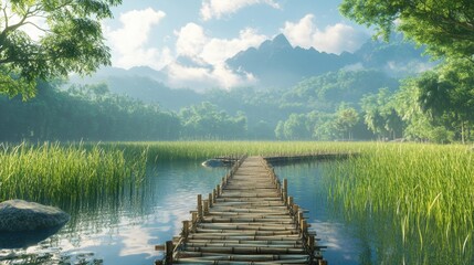 Serene Bamboo Pathway Through Lush Greenery Beside Calm Water Under Scenic Mountains and Bright Sky