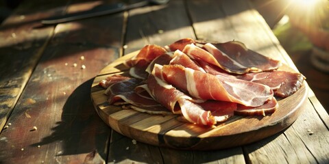 A rustic wooden board displaying thin slices of cured meat, bathed in the warm glow of sunlight.