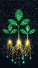 Futuristic artwork of glowing plant with three stems, roots, and starry background