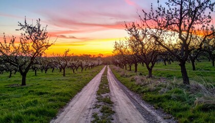 Serene Sunset Over an Orchard Pathway with Vibrant Skies