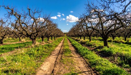 Naklejka premium Serene Pathway Through Leafless Fruit Orchard Under Blue Sky