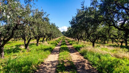 Obraz premium Scenic Path Through Lush Olive Grove Beneath Clear Blue Sky
