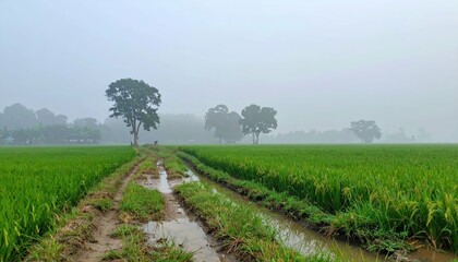 Obraz premium Misty Morning in Rice Field with Path and Lush Green Landscape