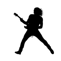 Energetic Guitarist Silhouette Jumping with Electric Guitar on transparent Background	
