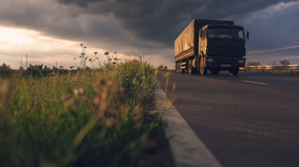 Truck on rural road under dramatic sunset, golden light painting the horizon -- a journey through nature's fleeting beauty