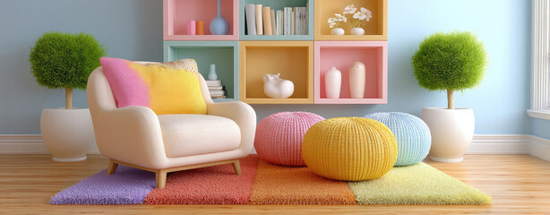 Pastel room decor with a white armchair, colorful rug, and cube shelves