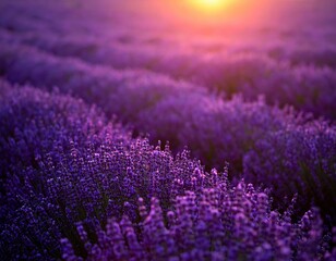 Obraz premium A breathtaking lavender field stretches under a vibrant sunset sky, with hues of orange, pink, and purple blending beautifully, creating a serene atmosphere.