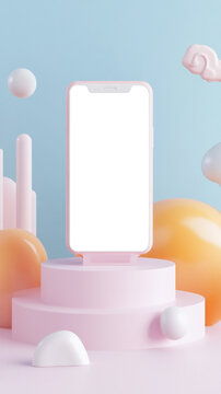 Smartphone mock up with blank screen displayed on a pastel pedestal surrounded by colorful geometric shapes and soft textures, ideal for modern design projects and creative presentations
