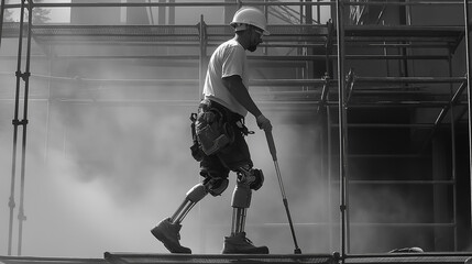 Construction site with ramps and accessibility features, worker with prosthetic leg and walking aid moving along scaffold, dusty environment, materials in background, black-and-white documentary style