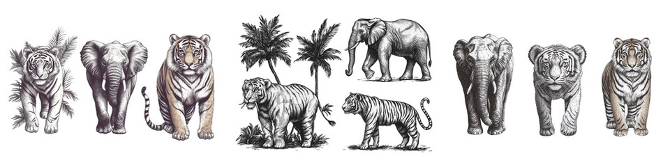 Fototapeta premium Collection of wild tigers and elephants in engraved jungle style, transparent background.