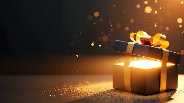 Open gift box glowing with light, for holiday celebrations, with copy space