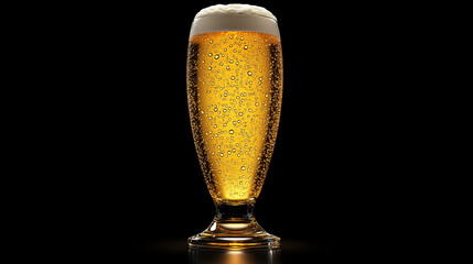 Cold glass of golden beer with bubbles and frothy head isolated on black background, studio lighting.