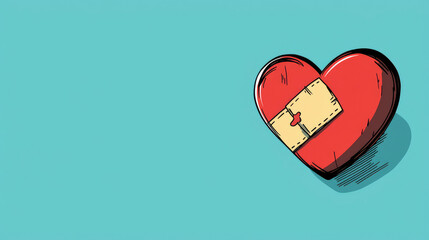 Cartoon heart with a bandage, on teal background, symbolizing heartbreak