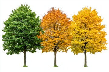 Naklejka premium Three Trees Displaying Autumnal Colors Isolated on White Background Eye Level Shot Changing Seasons
