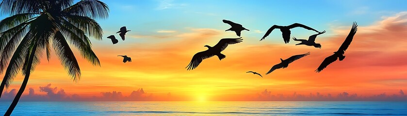 Naklejka premium Tropical sunset over calm ocean, palm tree silhouette, birds in flight
