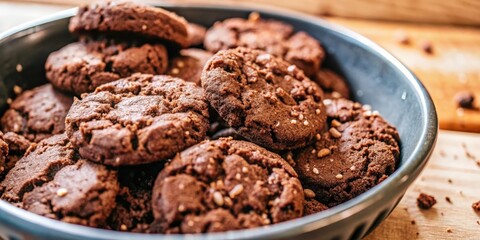 Fototapeta premium A Close-Up of a Bowl Filled with Chocolate Chip Cookies, Displaying their Rich Brown Hues and Crumbly Texture