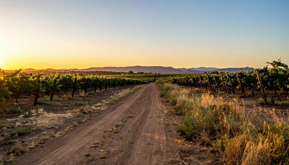 Naklejka premium Serene Vineyard Pathway at Sunset with Lush Grapevines in View
