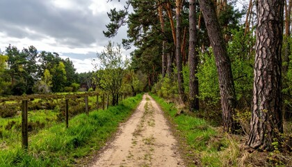 Fototapeta premium Serene Dirt Pathway Through Lush Green Forest in Springtime Breezy Day