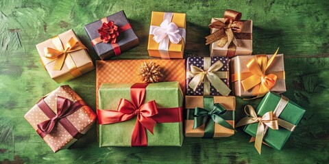 A collection of beautifully wrapped gifts with various colors and patterns, tied with delicate ribbons, adorn a rustic wooden surface, creating a festive and celebratory atmosphere.