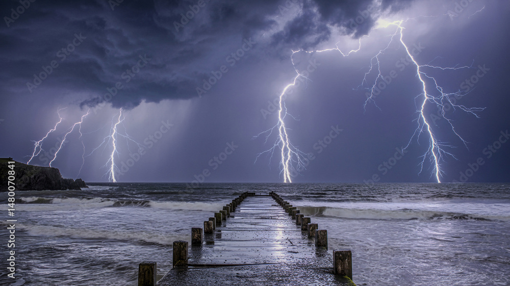Poster a stormy sky with multiple swarm to ground lightning strikes generative artificial insemination