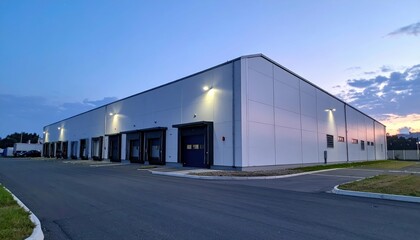 Obraz premium Modern Industrial Warehouse Building at Dusk with Soft Lighting