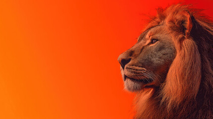 Majestic lion's profile against a vibrant orange gradient, exuding strength and grace