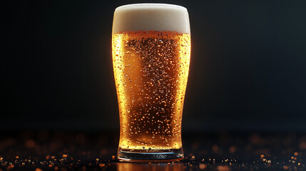 Chilled pint of golden beer with bubbles and frothy foam head in dramatic lighting against a dark moody background