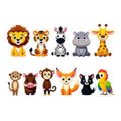 Funny cartoon animal collection set vector icons featuring wild and zoo characters like cat dog fox bear panda