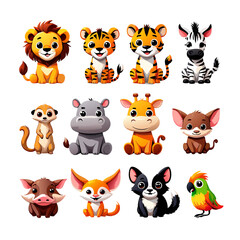 Fototapeta premium Funny cartoon animal collection set vector icons featuring wild and zoo characters like cat dog fox bear panda