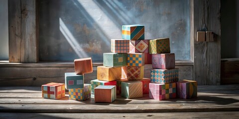 A stack of colorful wooden blocks arranged in a pyramid shape, illuminated by a shaft of sunlight, rests on a rustic wooden surface.