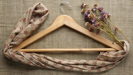 A wooden hanger adorned with a patterned scarf and a sprig of dried flowers, resting upon a textured beige fabric