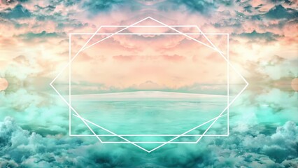 Geometric Frame Over a Sky Full of White Clouds and a Horizon with a Blurred Turquoise and Pink Color Gradient