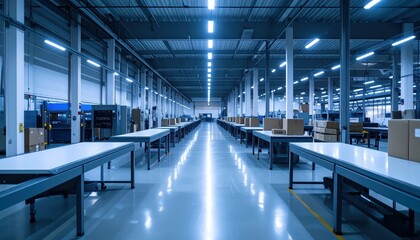 Fototapeta premium Spacious Industrial Warehouse with Rows of Tables and Boxes