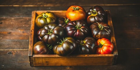 A wooden crate overflowing with a medley of heirloom tomatoes, their skins ranging from deep purple to a vibrant green, showcasing the beauty of nature's harvest.