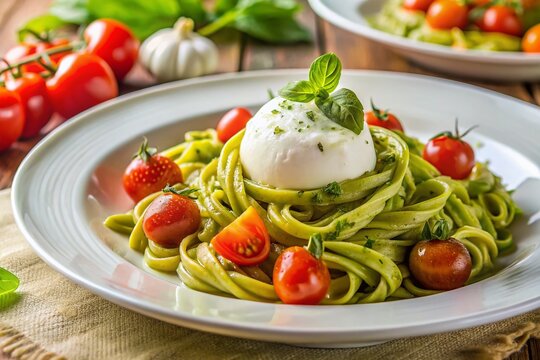 Close-up of Trofia Pasta with Pesto, Burrata & Cherry Tomatoes - Ligurian Cuisine