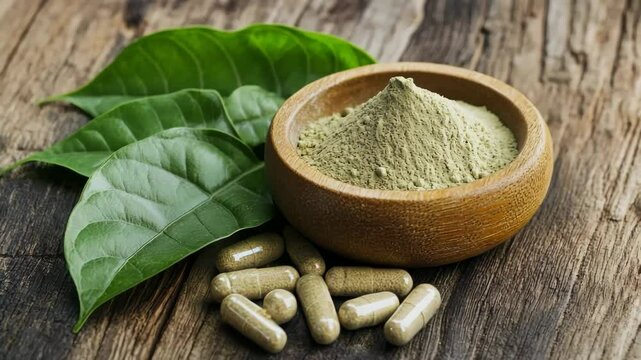 Kratom powder and capsules next to fresh kratom leaves on a wooden table