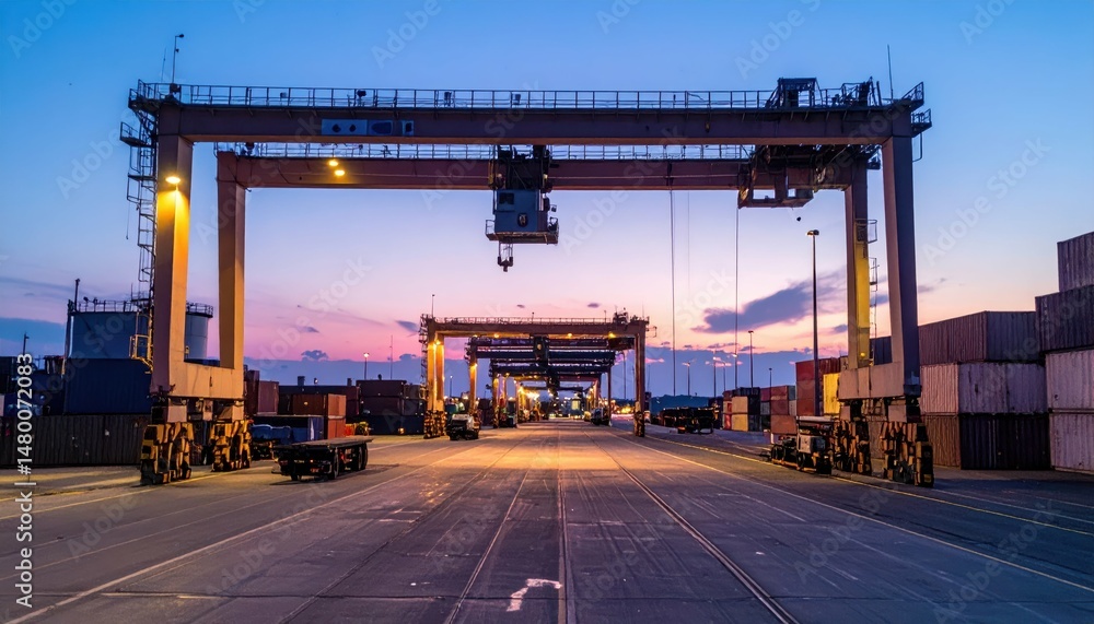 Poster container terminal at dusk with cranes and shipping containers