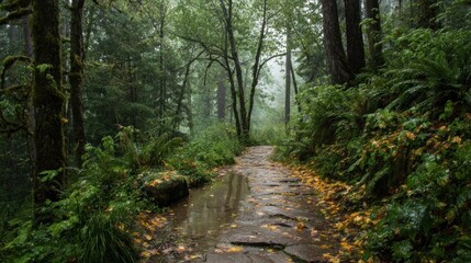 Fototapeta premium Misty Forest Path: A Serene Autumn Walk