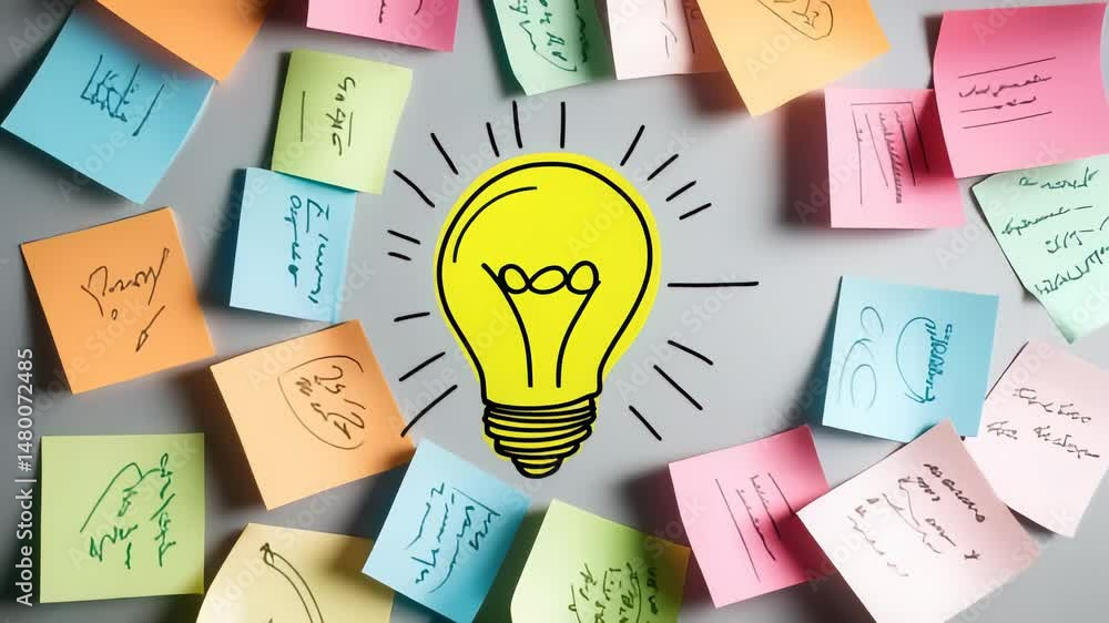 Poster yellow light bulb illuminating colorful sticky notes with scribbled ideas on a gray background, symb