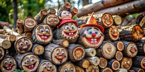 A whimsical collection of wooden logs with painted faces, showcasing a variety of expressions and emotions, creating a playful and cheerful display of forest art.