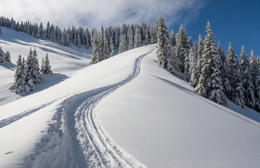 Obraz premium Single Set of Ski Tracks Descending a Pristine Snow Slope – Fresh Winter Adventure