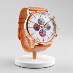 Stylish rose gold watch on a display, with floral pattern on the dial