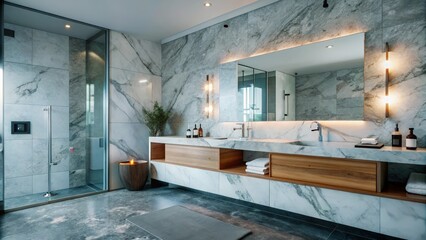 A modern bathroom with a sleek vanity and a large mirror, showcasing a luxurious and minimalist design aesthetic
