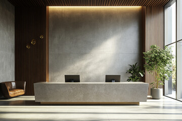 Modern office reception area design minimalist concrete desk wooden wall plants sunlight