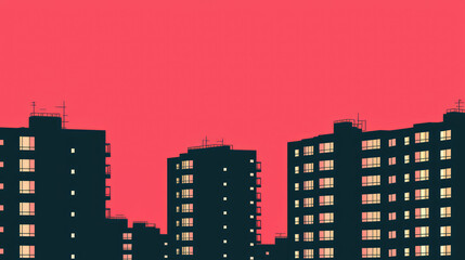 Evening cityscape, silhouetted buildings with glowing windows against a red sky