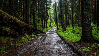 Fototapeta premium Serene Forest Pathway Through Lush Greenery After Rainfall